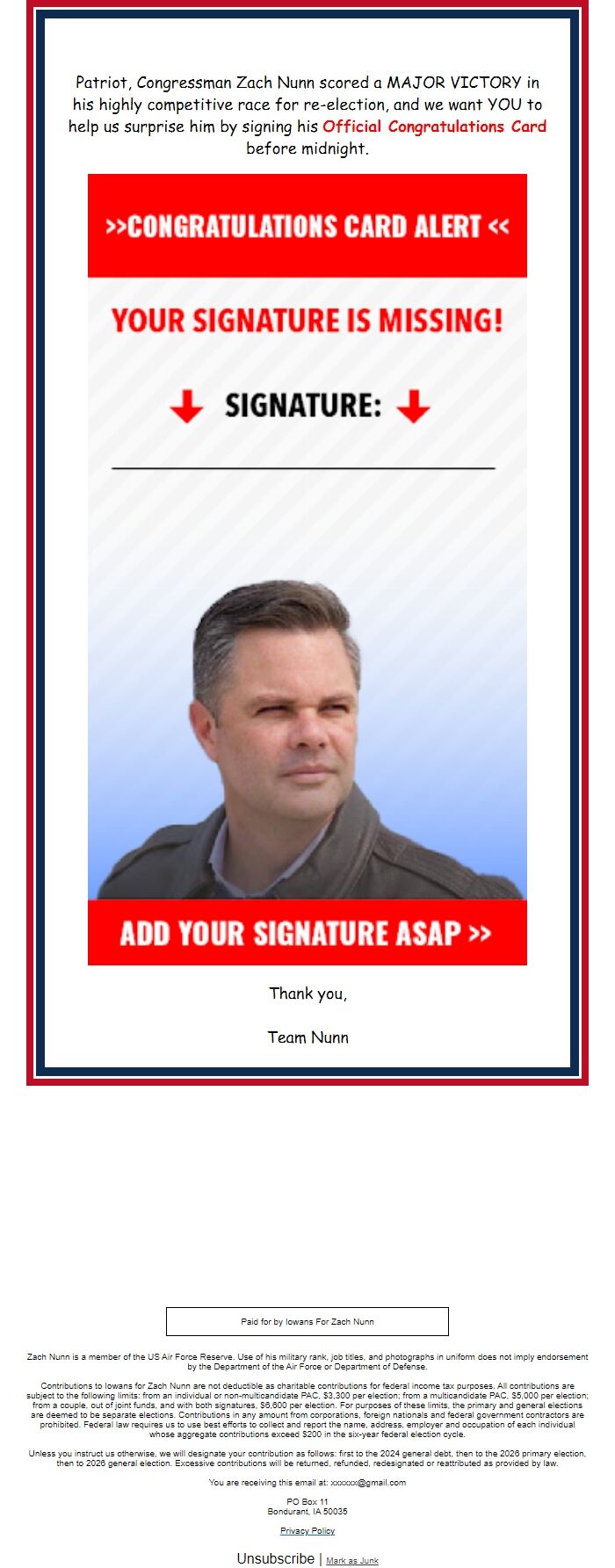 Screenshot of the email generated on import