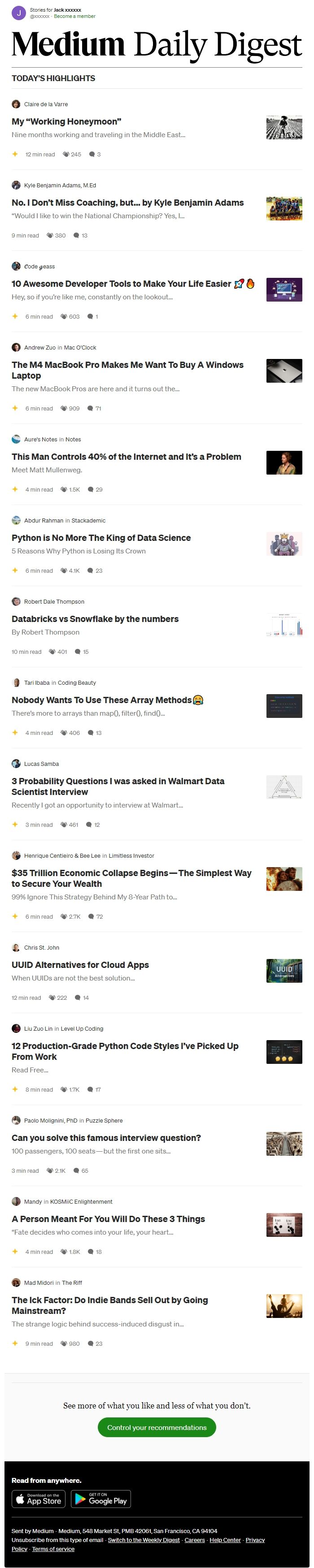 Screenshot of the email generated on import