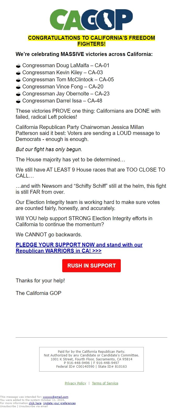 Screenshot of the email generated on import