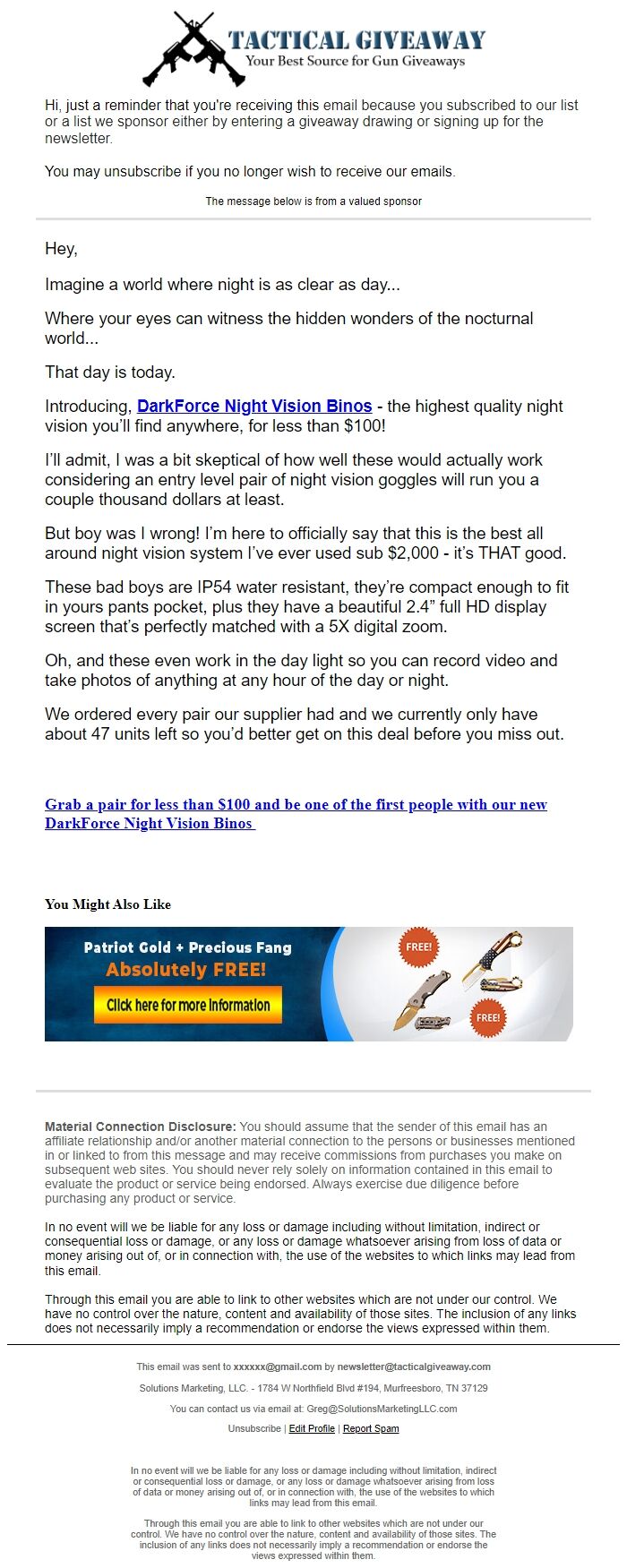 Screenshot of the email generated on import