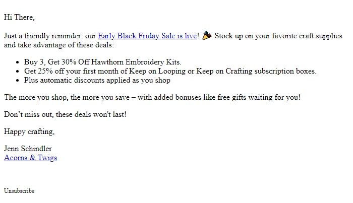 Screenshot of the email generated on import