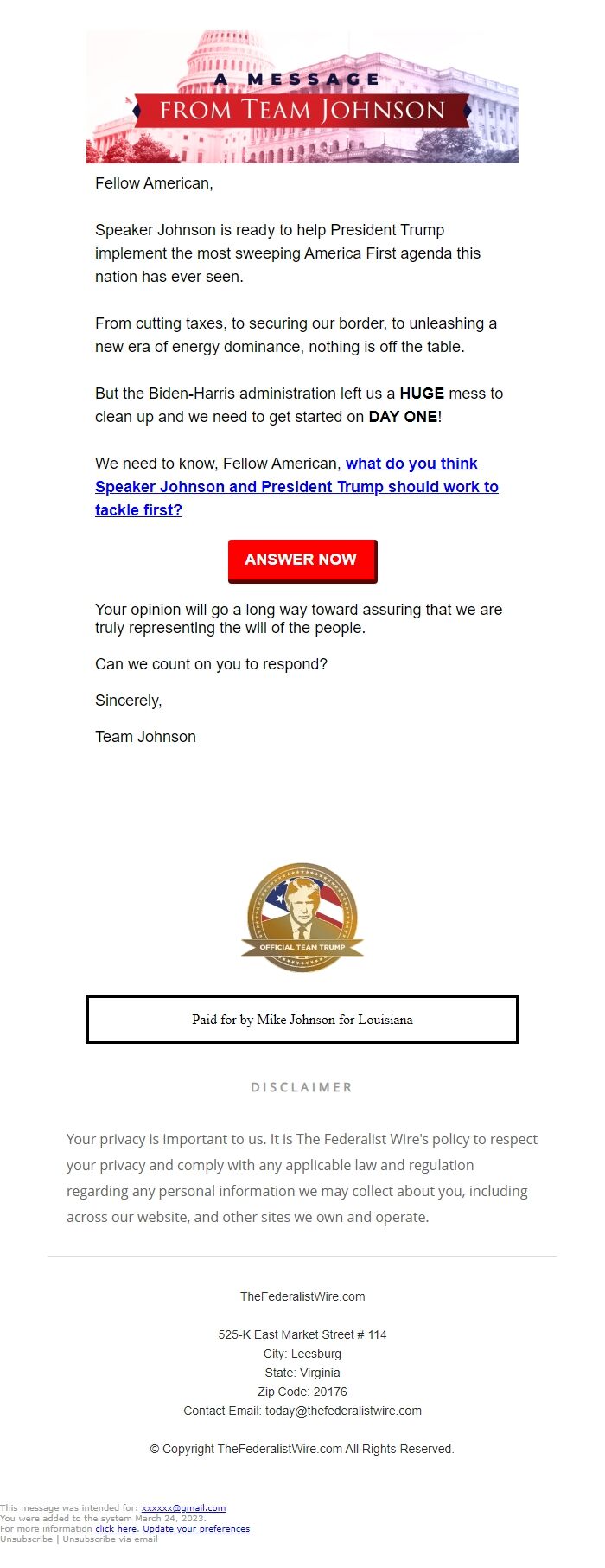 Screenshot of the email generated on import