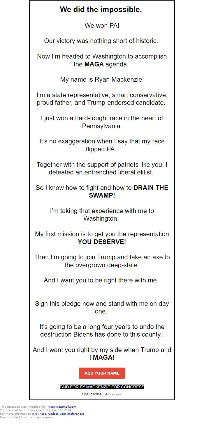 Screenshot of the email generated on import