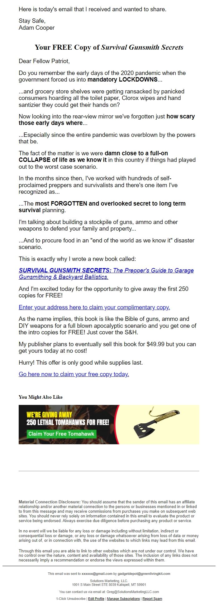 Screenshot of the email generated on import