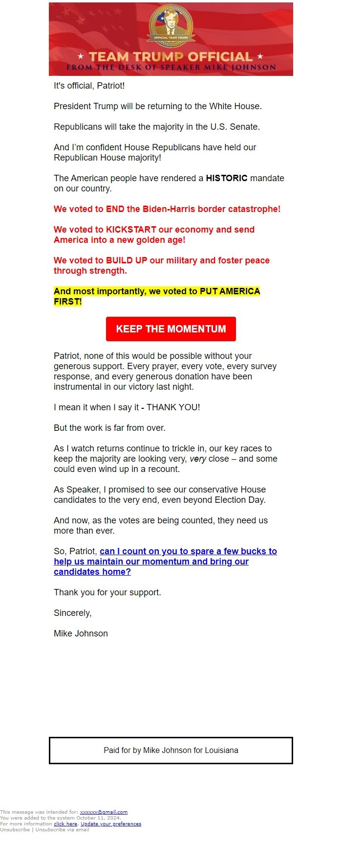 Screenshot of the email generated on import