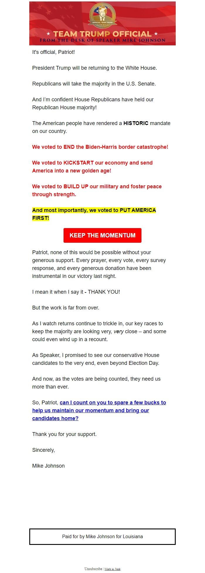 Screenshot of the email generated on import