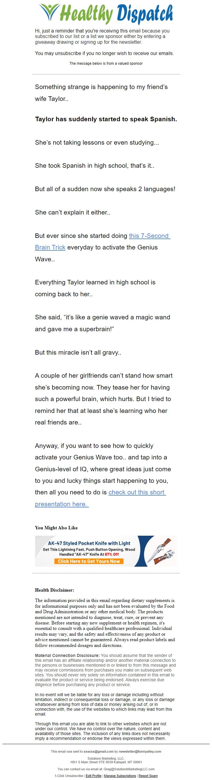 Screenshot of the email generated on import