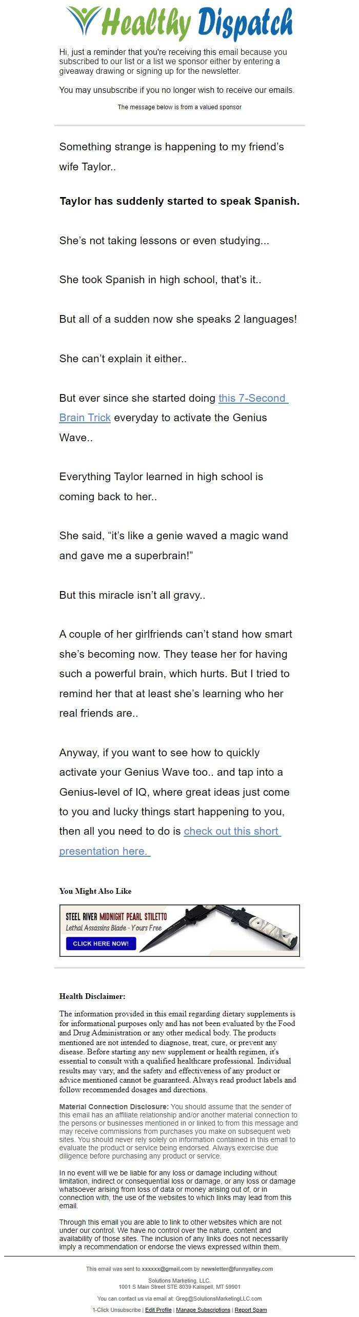 Screenshot of the email generated on import