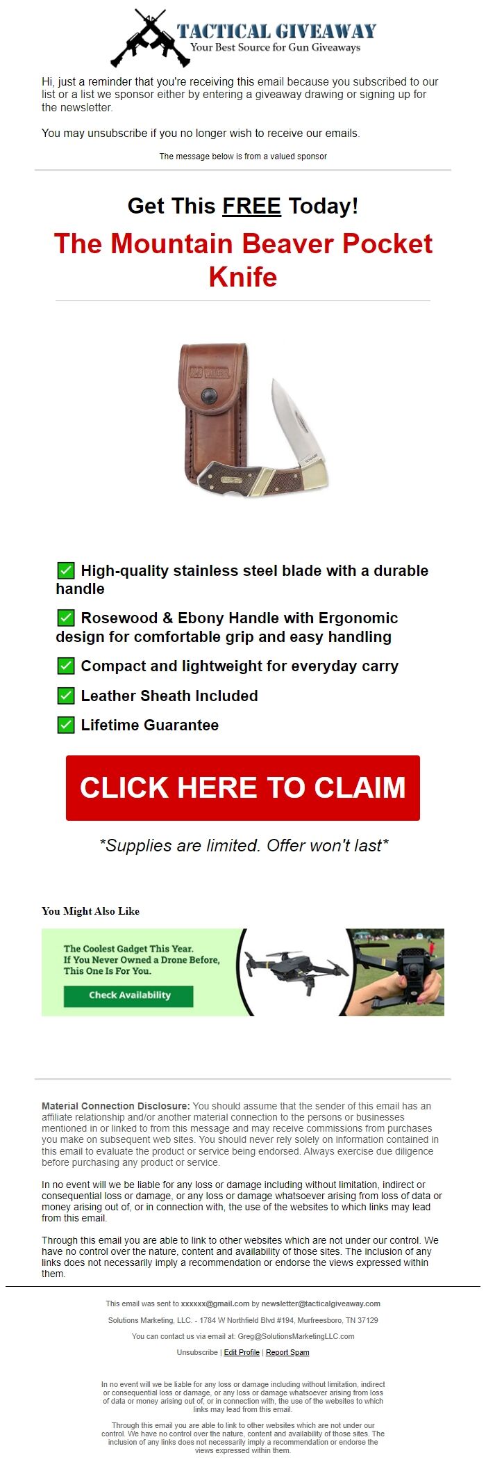 Screenshot of the email generated on import