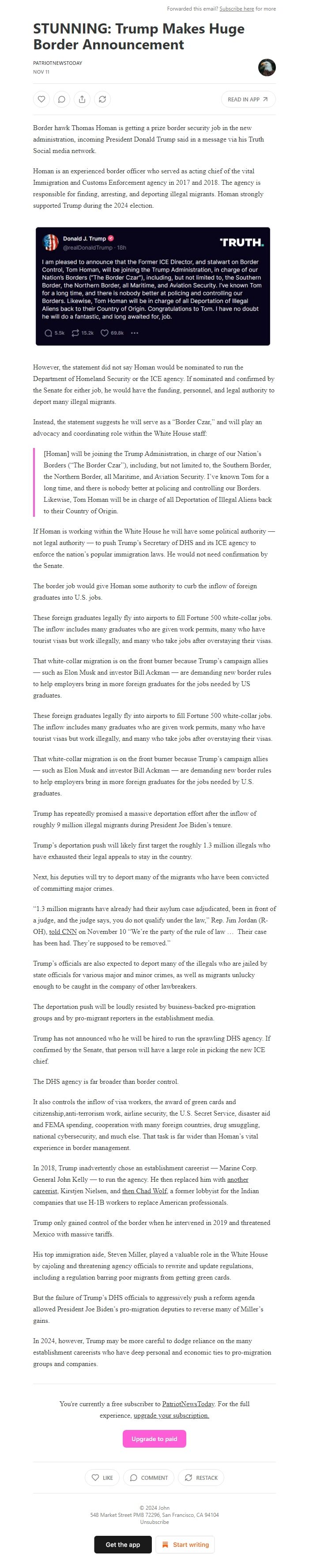 Screenshot of the email generated on import