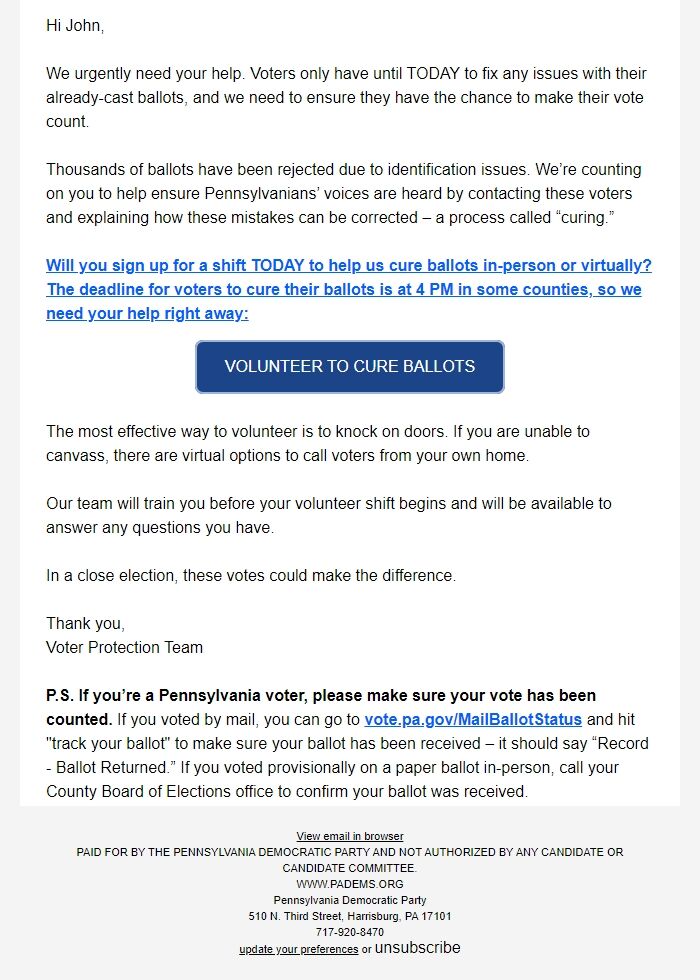 Screenshot of the email generated on import