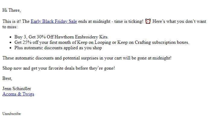 Screenshot of the email generated on import