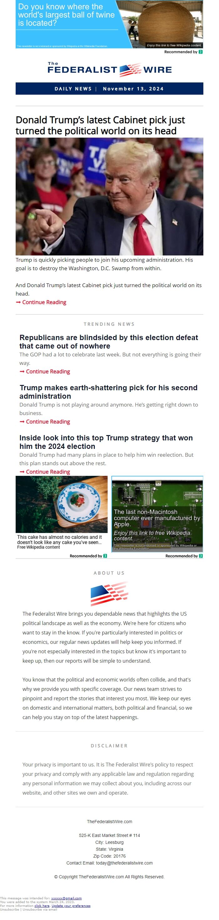 Screenshot of the email generated on import