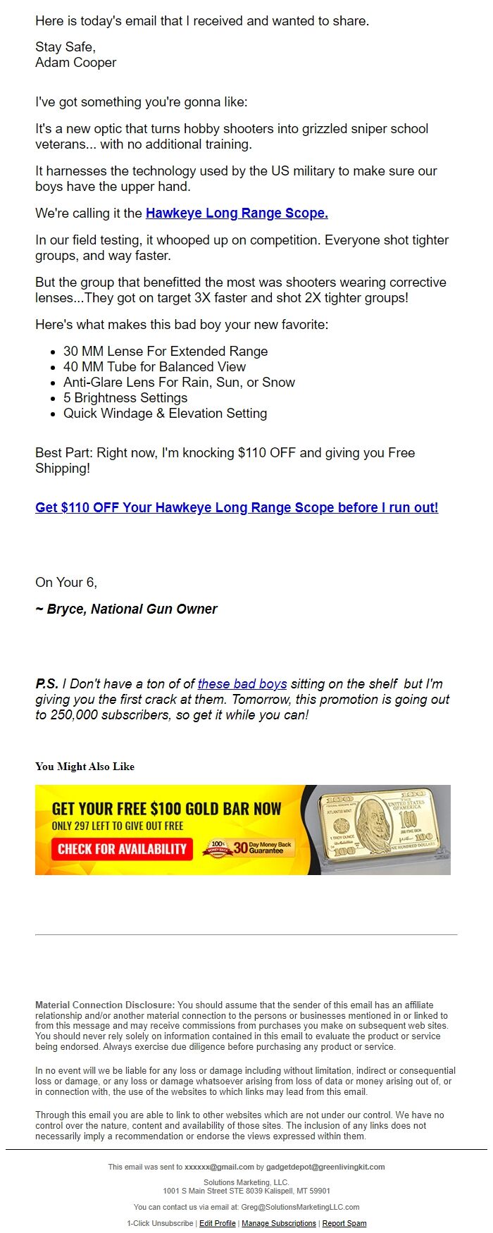 Screenshot of the email generated on import