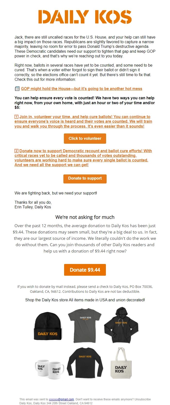 Screenshot of the email generated on import