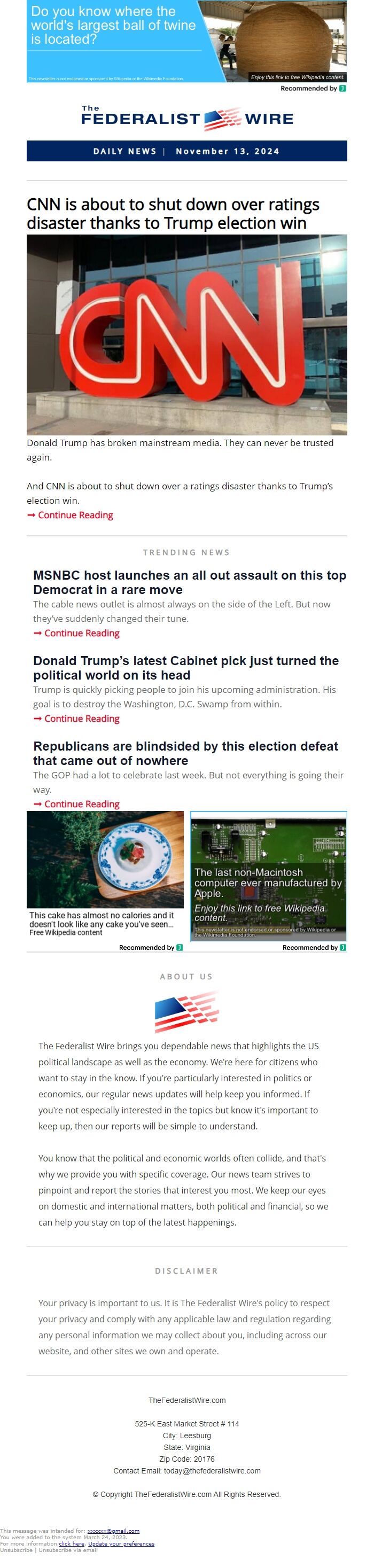 Screenshot of the email generated on import