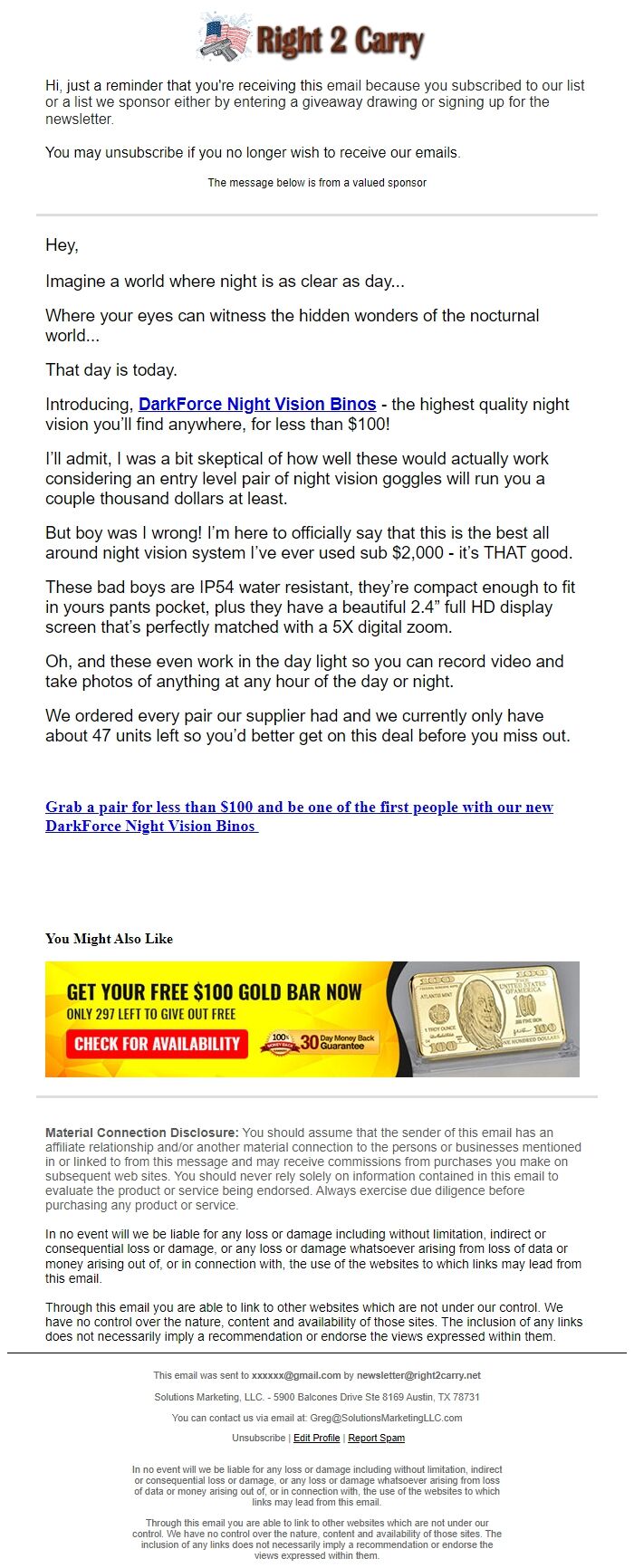 Screenshot of the email generated on import