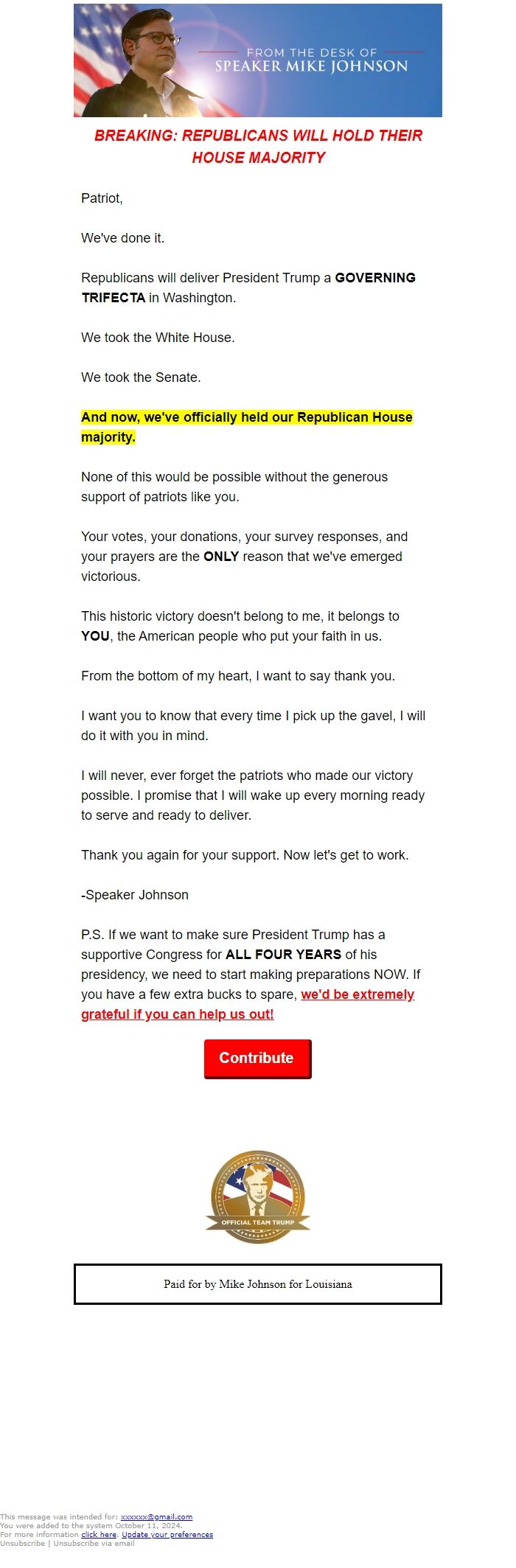 Screenshot of the email generated on import