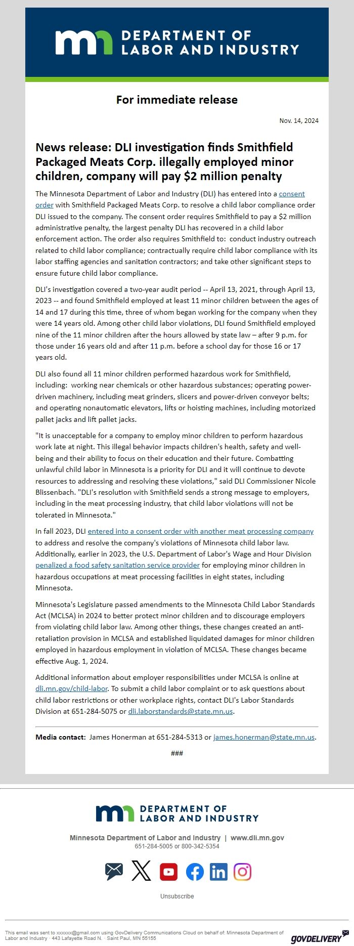 Screenshot of the email generated on import