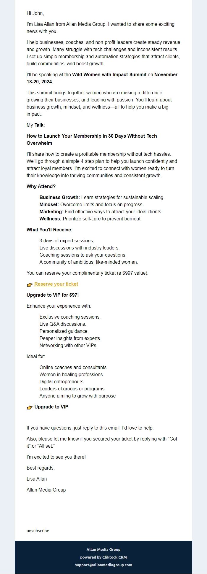 Screenshot of the email generated on import