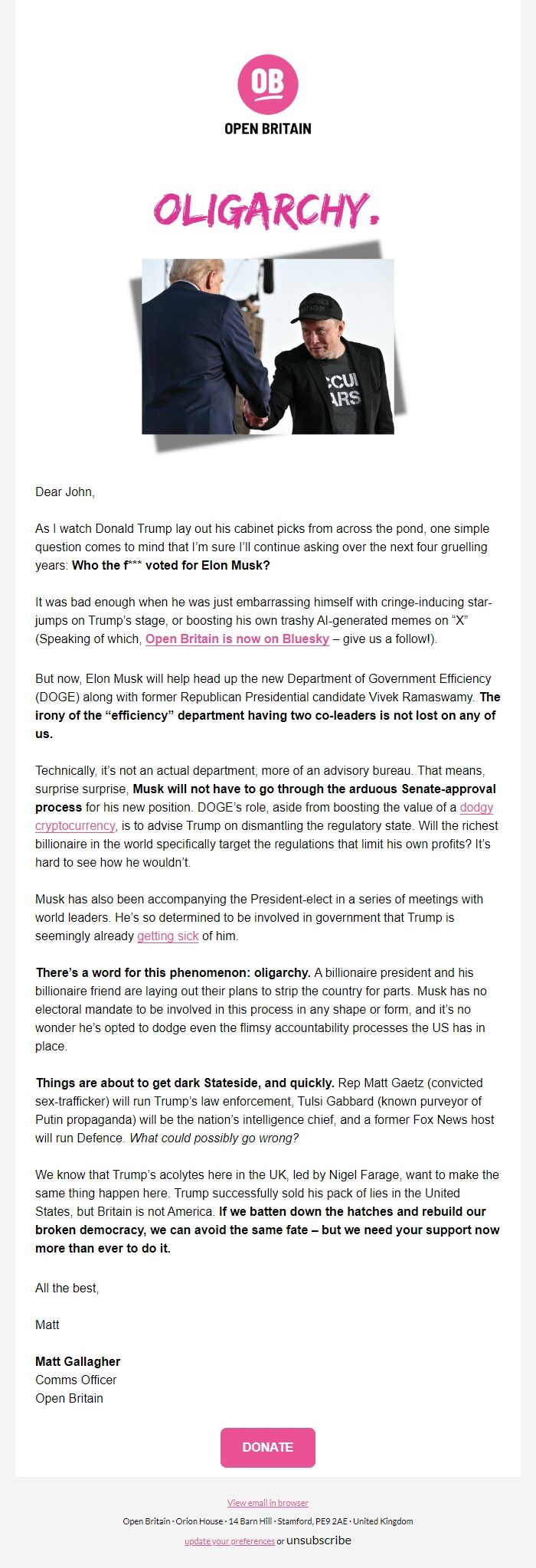 Screenshot of the email generated on import