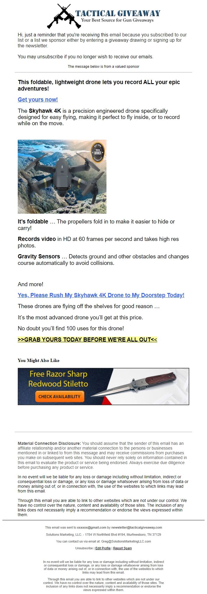 Screenshot of the email generated on import