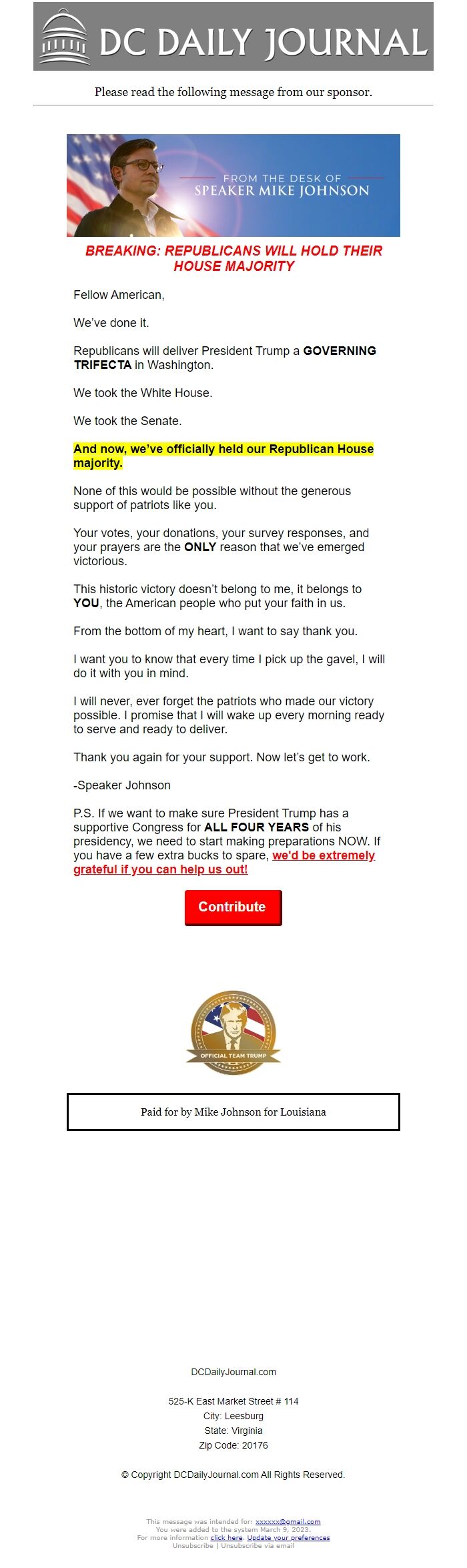 Screenshot of the email generated on import