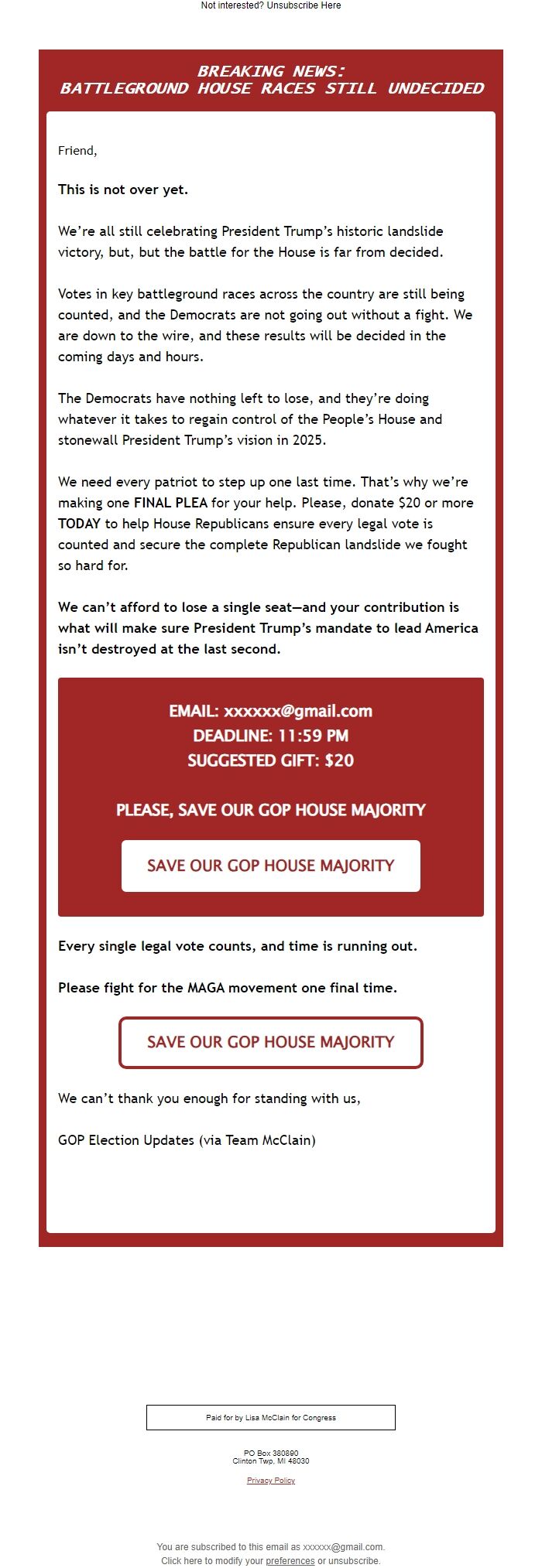 Screenshot of the email generated on import