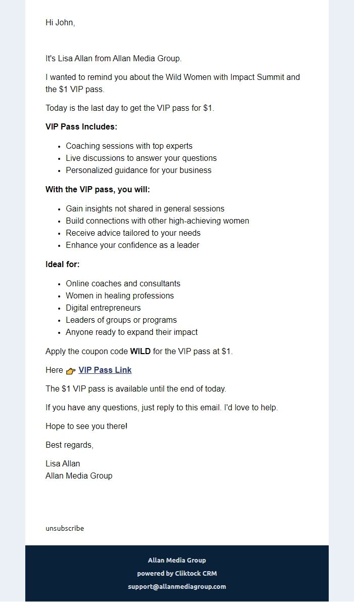 Screenshot of the email generated on import