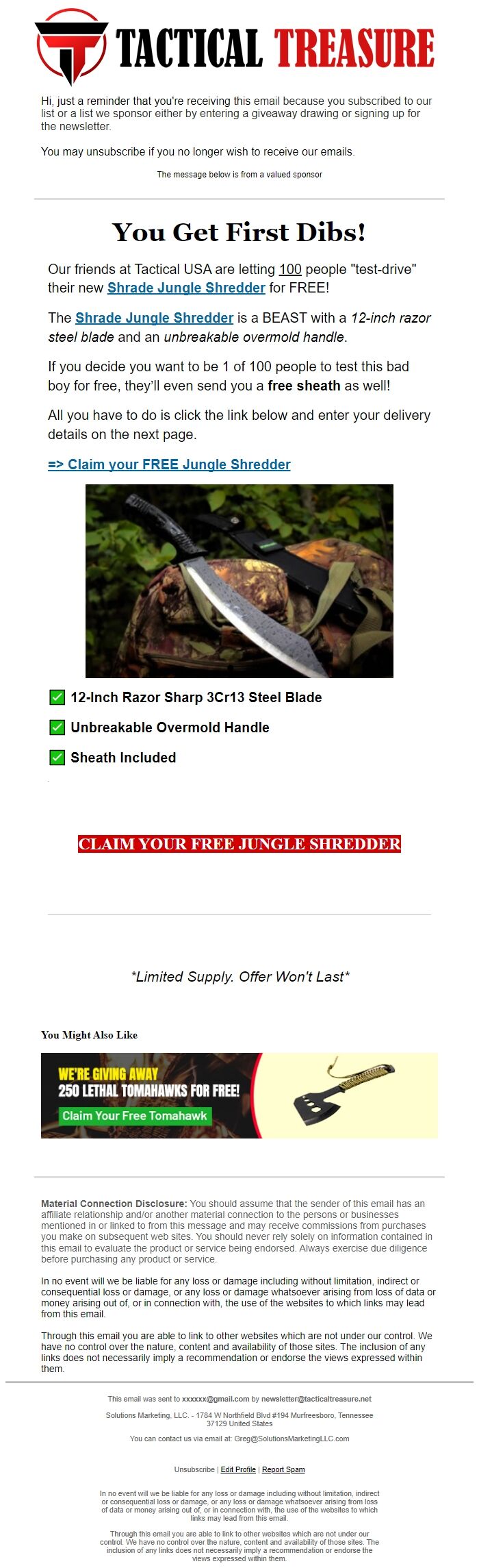 Screenshot of the email generated on import