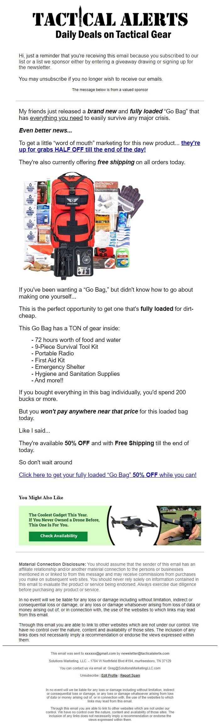 Screenshot of the email generated on import