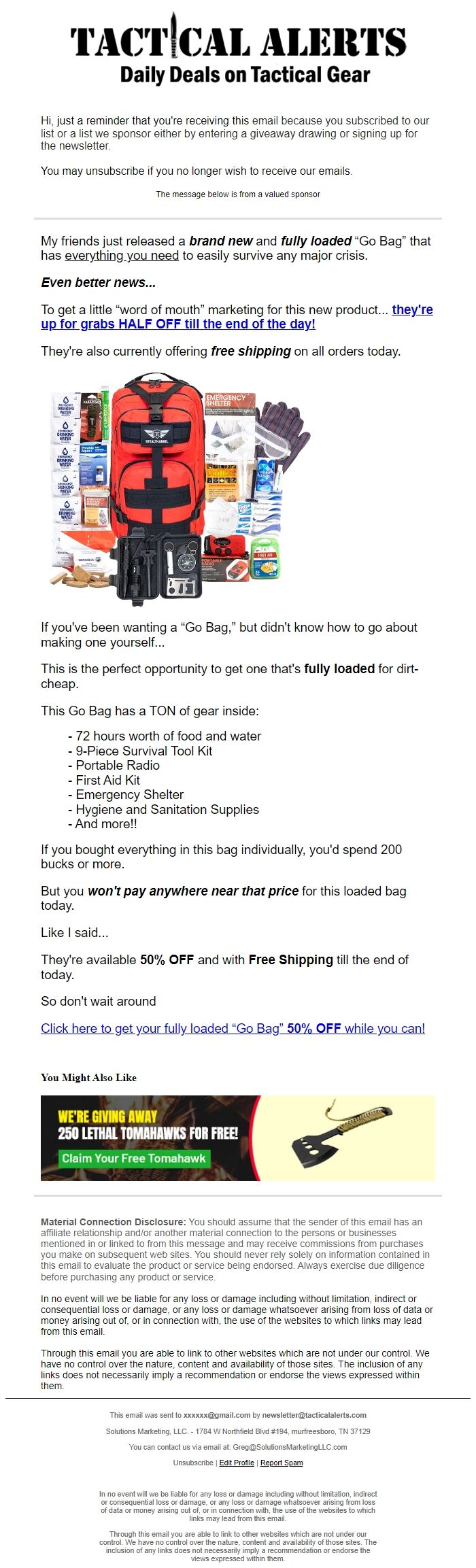 Screenshot of the email generated on import
