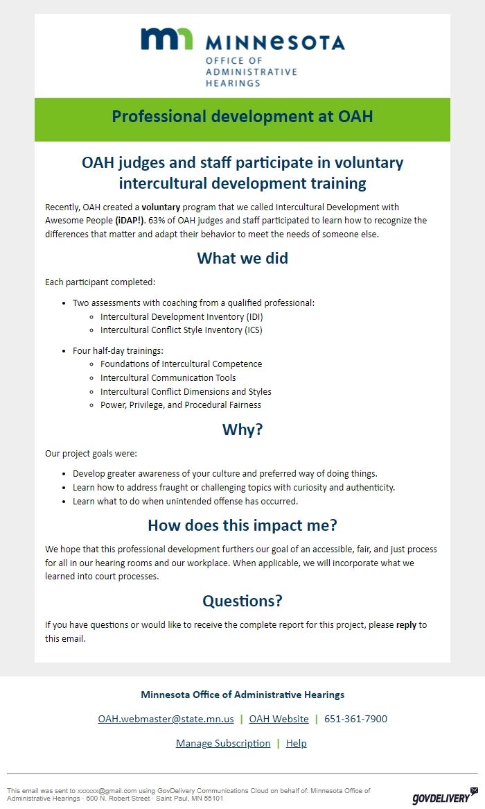 Screenshot of the email generated on import