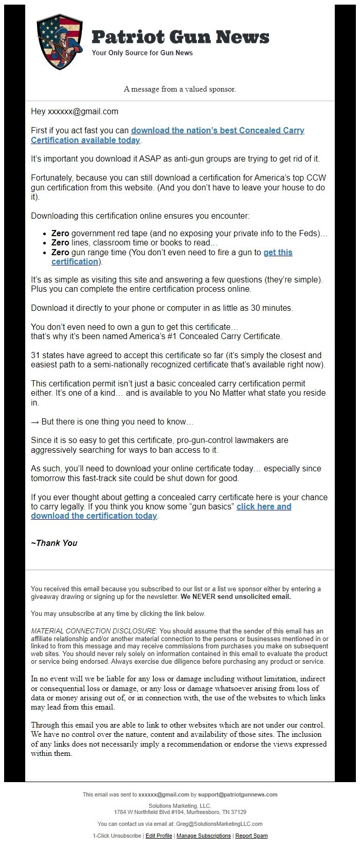 Screenshot of the email generated on import