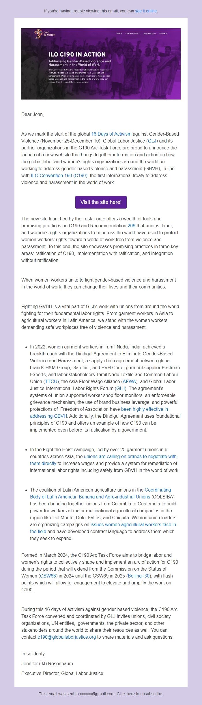 Screenshot of the email generated on import