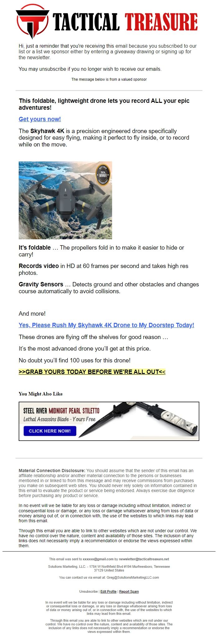Screenshot of the email generated on import