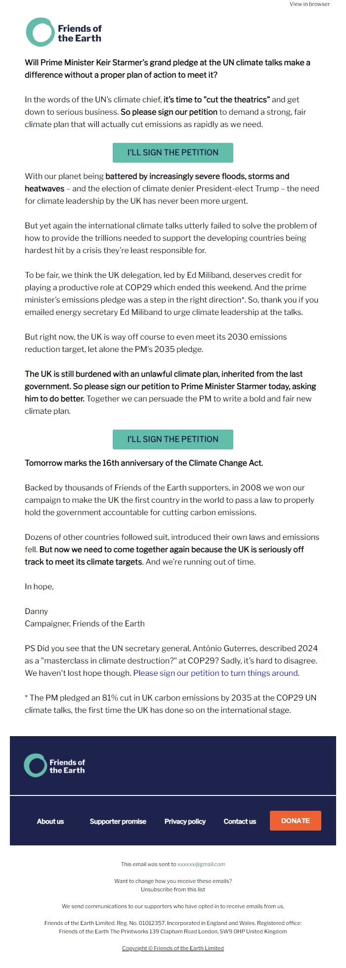 Screenshot of the email generated on import