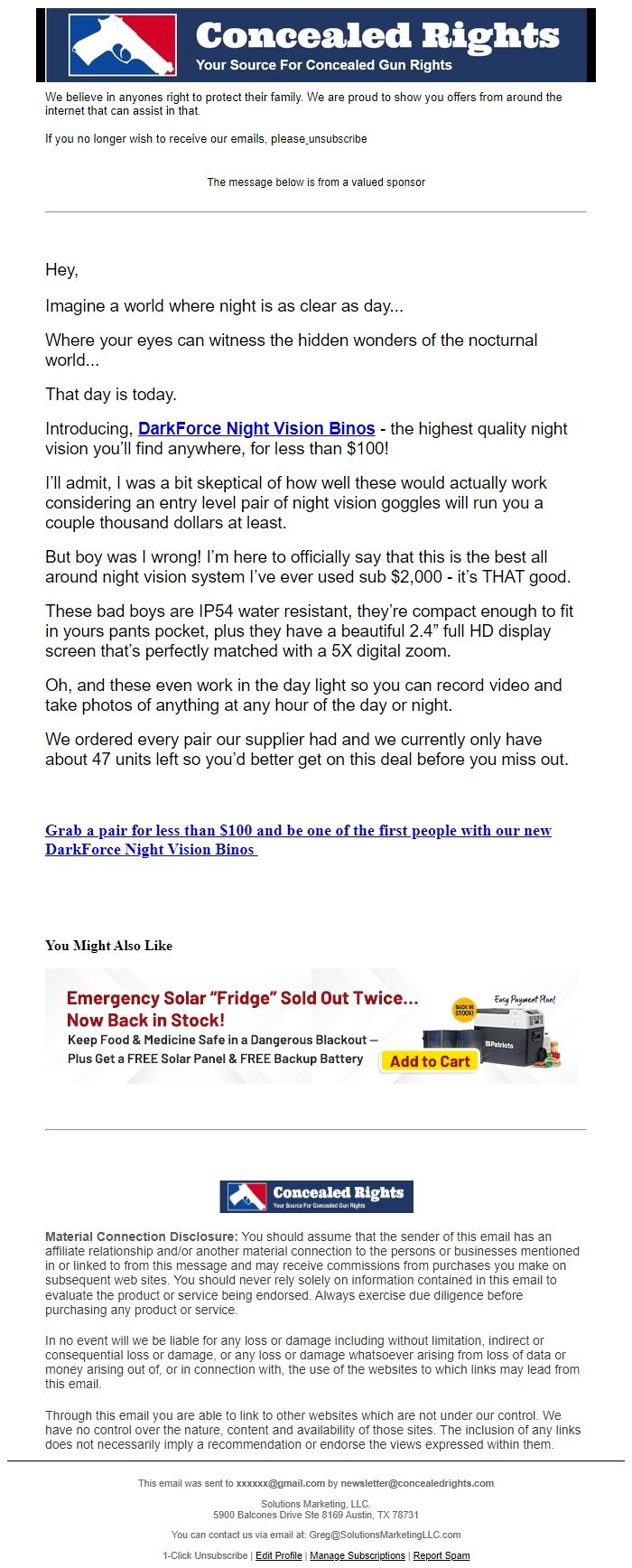 Screenshot of the email generated on import