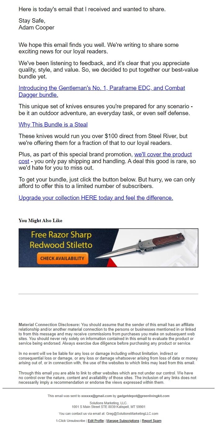 Screenshot of the email generated on import