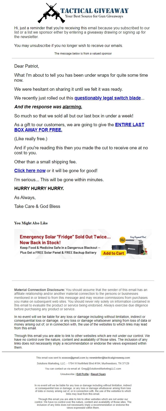Screenshot of the email generated on import