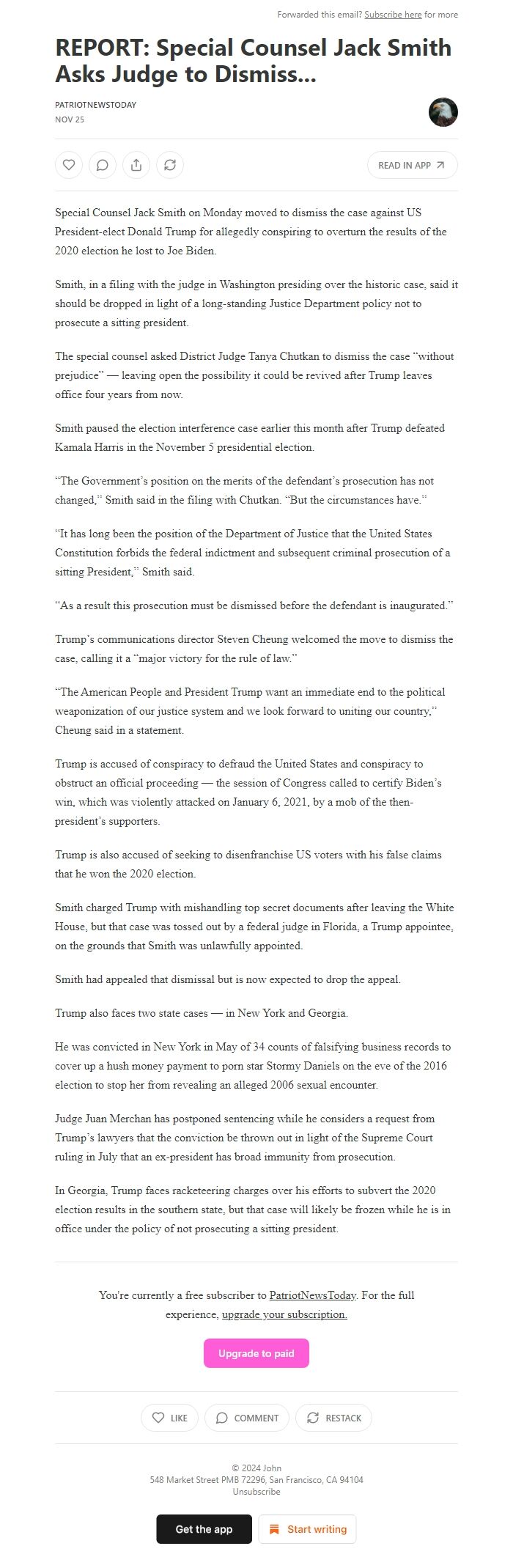 Screenshot of the email generated on import