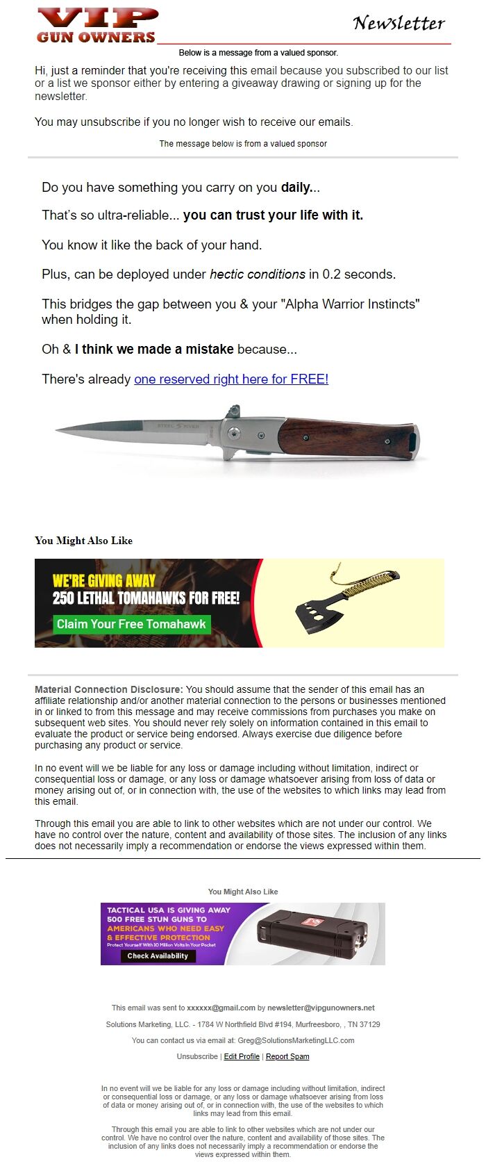 Screenshot of the email generated on import