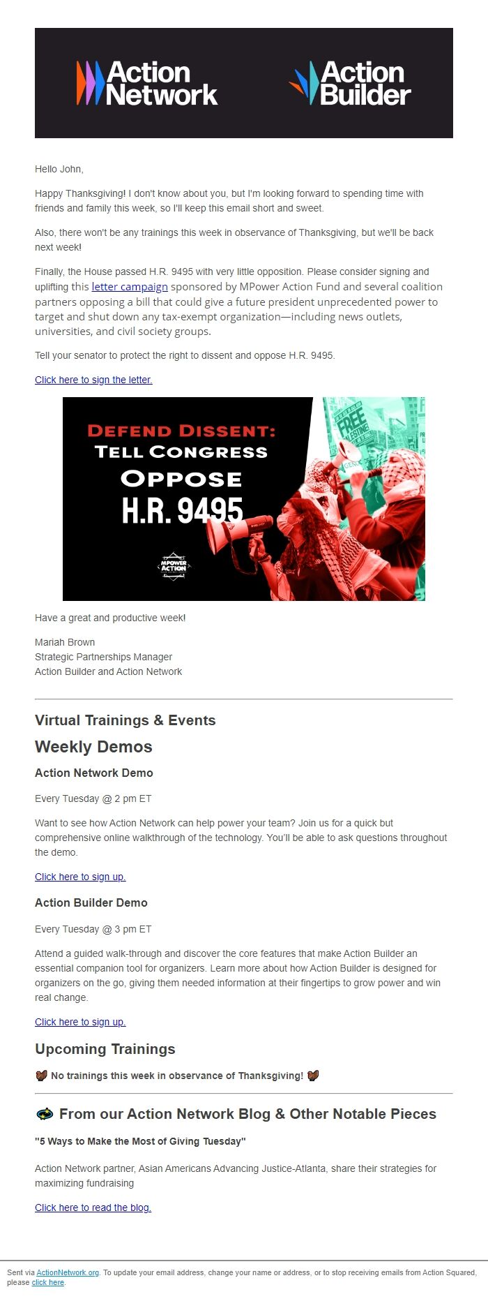 Screenshot of the email generated on import