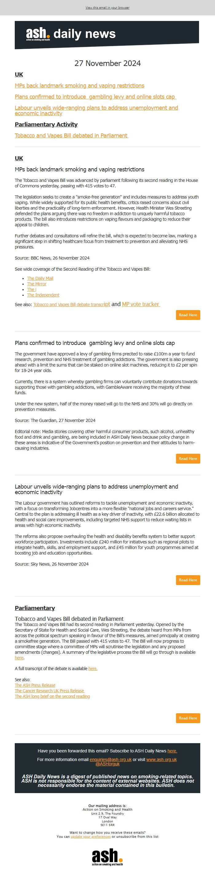 Screenshot of the email generated on import