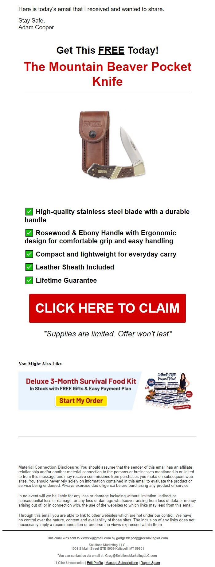 Screenshot of the email generated on import