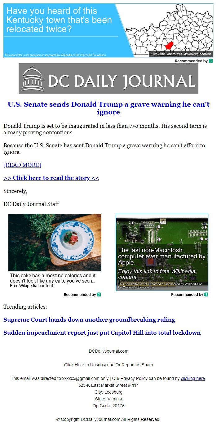Screenshot of the email generated on import