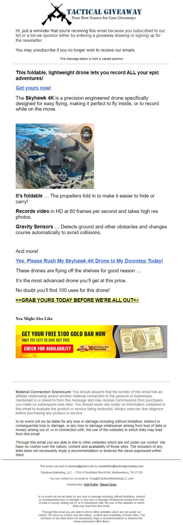 Screenshot of the email generated on import