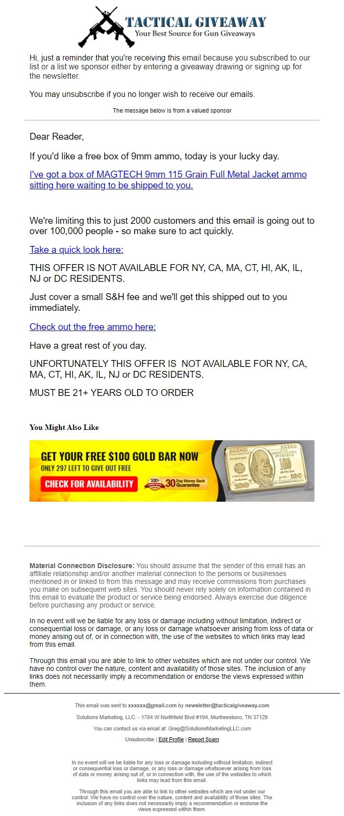 Screenshot of the email generated on import