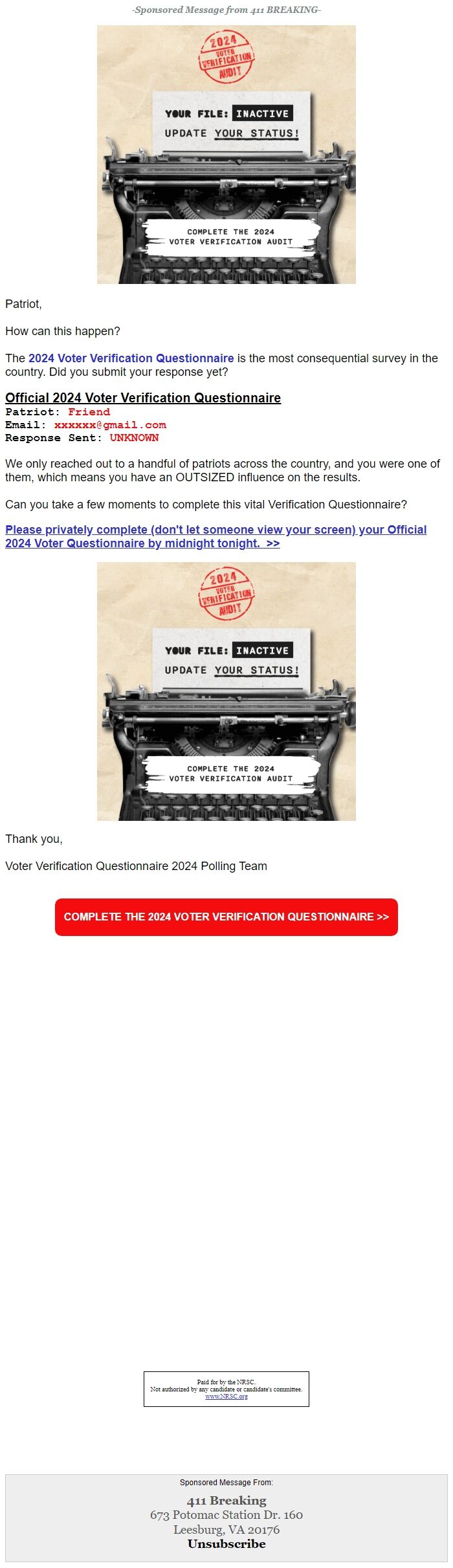 Screenshot of the email generated on import