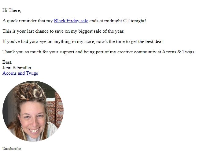 Screenshot of the email generated on import